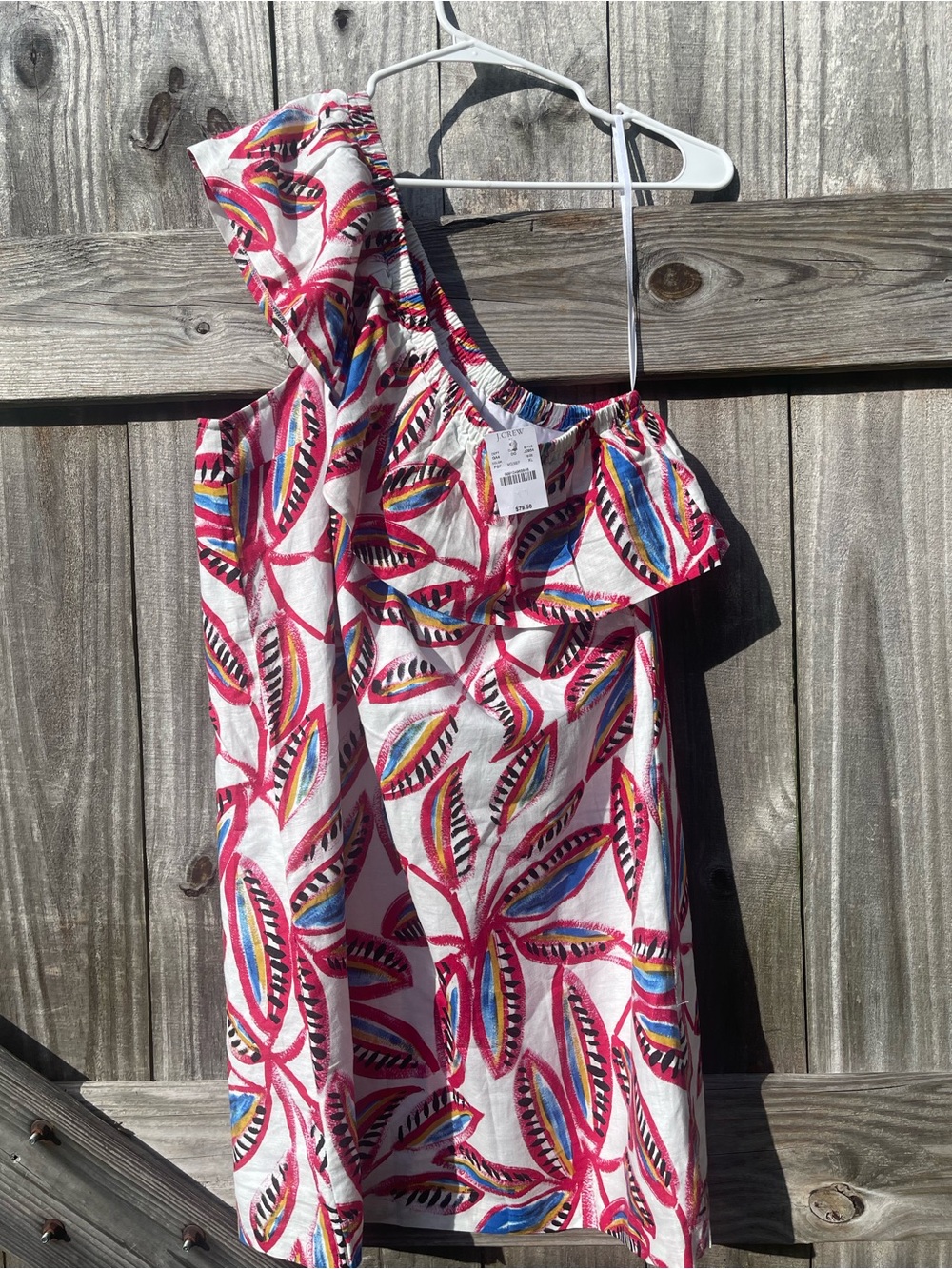 J. Crew One-Shoulder Ruffle Dress White with Pink and Blue Leaf Print Sz XL NWT